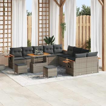 ARDEBO.de - 13-teiliges Garten Sofa Set mit Kissen Grau Poly Rattan Akazie, 3-teiliges Garten Esstisch Set mit Kissen Grau Poly Rattan Akazie