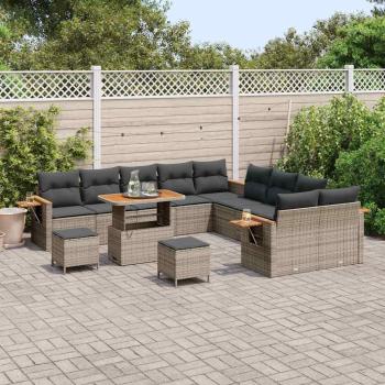 13-teiliges Garten Sofa Set mit Kissen Grau Poly Rattan Akazie, 3-teiliges Garten Esstisch Set mit Kissen Grau Poly Rattan Akazie