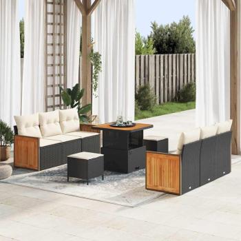 ARDEBO.de - 9-teiliges Garten-Sofa-Set mit Kissen Schwarz Poly-Rattan Akazie, 2-Sitzer Garten-Sofa mit Kissen Schwarz Poly-Rattan, 3-teiliges Garten-Ess-Set mit Kissen Schwarz Poly-Rattan Akazie