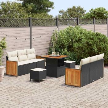9-teiliges Garten-Sofa-Set mit Kissen Schwarz Poly-Rattan Akazie, 2-Sitzer Garten-Sofa mit Kissen Schwarz Poly-Rattan, 3-teiliges Garten-Ess-Set mit Kissen Schwarz Poly-Rattan Akazie