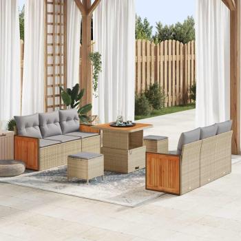 ARDEBO.de - 9-teiliges Garten Sofa Set mit Kissen Beige Poly Rattan Akazie, 2-Sitzer Garten Sofa mit Kissen Beige Poly Rattan, 3-teiliges Garten Esszimmer Set mit Kissen Beige Poly Rattan Akazie