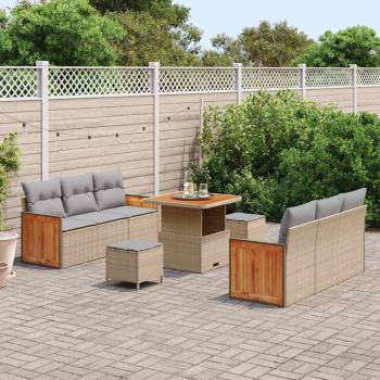 9-teiliges Garten Sofa Set mit Kissen Beige Poly Rattan Akazie, 2-Sitzer Garten Sofa mit Kissen Beige Poly Rattan, 3-teiliges Garten Esszimmer Set mit Kissen Beige Poly Rattan Akazie