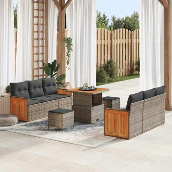 ARDEBO.de - 9-teiliges Garten Sofa Set mit Kissen Grau Poly Rattan Akazie, 2-Sitzer Garten Sofa mit Kissen Grau Poly Rattan, 3-teiliges Garten Esstisch Set mit Kissen Grau Poly Rattan Akazie