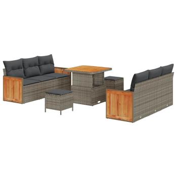 9-teiliges Garten Sofa Set mit Kissen Grau Poly Rattan Akazie, 2-Sitzer Garten Sofa mit Kissen Grau Poly Rattan, 3-teiliges Garten Esstisch Set mit Kissen Grau Poly Rattan Akazie