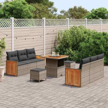 9-teiliges Garten Sofa Set mit Kissen Grau Poly Rattan Akazie, 2-Sitzer Garten Sofa mit Kissen Grau Poly Rattan, 3-teiliges Garten Esstisch Set mit Kissen Grau Poly Rattan Akazie