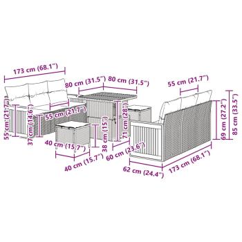 9-teiliges Garten Sofa Set mit Kissen Grau Poly Rattan Akazie, 2-Sitzer Garten Sofa mit Kissen Grau Poly Rattan, 3-teiliges Garten Esstisch Set mit Kissen Grau Poly Rattan Akazie