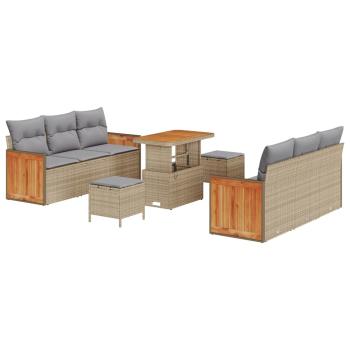 9-teiliges Garten Sofa Set mit Kissen aus beigem Poly Rattan und Akazie, 2-Sitzer Garten Sofa mit Kissen aus beigem Poly Rattan, 3-teiliges Garten Essset mit Kissen aus beigem Poly Rattan und Akazie