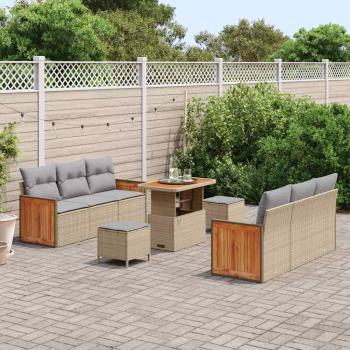 9-teiliges Garten Sofa Set mit Kissen aus beigem Poly Rattan und Akazie, 2-Sitzer Garten Sofa mit Kissen aus beigem Poly Rattan, 3-teiliges Garten Essset mit Kissen aus beigem Poly Rattan und Akazie