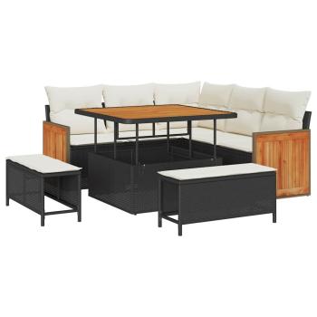 8-teiliges Garten Sofa Set mit Kissen Schwarz Poly Rattan Akazie, 2-Sitzer Garten Sofa mit Kissen Schwarz Poly Rattan, 3-teiliges Garten Esstisch Set mit Kissen Schwarz Poly Rattan Akazie