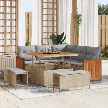 ARDEBO.de - 8-teiliges Garten Sofa Set mit Kissen Beige Poly Rattan Akazie, 2-Sitzer Garten Sofa mit Kissen Beige Poly Rattan, 3-teiliges Garten Essset mit Kissen Beige Poly Rattan Akazie