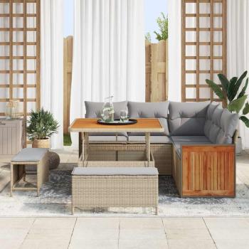 8-teiliges Garten Sofa Set mit Kissen Beige Poly Rattan Akazie, 2-Sitzer Garten Sofa mit Kissen Beige Poly Rattan, 3-teiliges Garten Essset mit Kissen Beige Poly Rattan Akazie