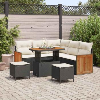 ARDEBO.de - 8-teiliges Garten-Sofa-Set mit Kissen Schwarz Poly-Rattan Akazie, 2-Sitzer Garten-Sofa mit Kissen Schwarz Poly-Rattan, 3-teiliges Garten-Ess-Set mit Kissen Schwarz Poly-Rattan Akazie