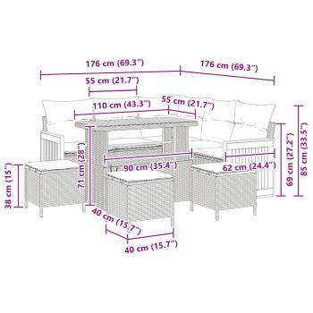 9-teiliges Garten Sofa Set mit Kissen Beige Poly Rattan Akazie, 2-Sitzer Garten Sofa mit Kissen Beige Poly Rattan, 4-teiliges Garten Essset mit Kissen Beige Poly Rattan Akazie
