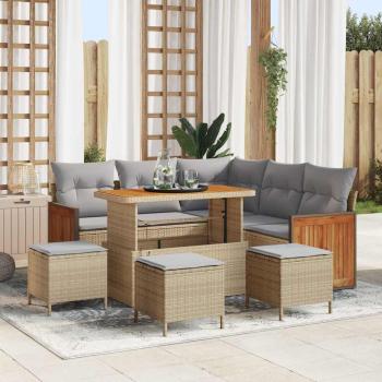 ARDEBO.de - 9-teiliges Garten Sofaset mit Kissen Beige Poly Rattan Akazie, 2-Sitzer Garten Sofa mit Kissen Beige Poly Rattan, 4-teiliges Garten Esstischset mit Kissen Beige Poly Rattan Akazie