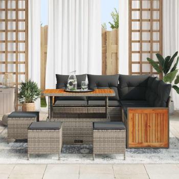 9-teiliges Garten Sofa Set mit Kissen Grau Poly-Rattan Akazie, 2-Sitzer Garten Sofa mit Kissen Grau Poly-Rattan, 4-teiliges Garten Esstisch Set mit Kissen Grau Poly-Rattan Akazie