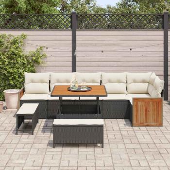 9-teiliges Garten Sofa Set mit Kissen Schwarz Poly Rattan Akazie, 2-Sitzer Garten Sofa mit Kissen Schwarz Poly Rattan, 3-teiliges Garten Essset mit Kissen Schwarz Poly Rattan Akazie