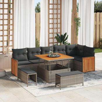 ARDEBO.de - 9-teiliges Garten Sofaset mit Kissen Grau Poly Rattan Akazie, 2-Sitzer Garten Sofa mit Kissen Grau Poly Rattan, 3-teiliges Garten Essenset mit Kissen Grau Poly Rattan Akazie
