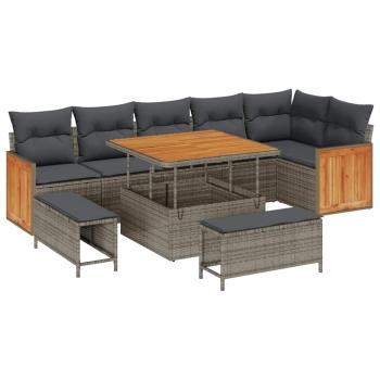 9-teiliges Garten Sofaset mit Kissen Grau Poly Rattan Akazie, 2-Sitzer Garten Sofa mit Kissen Grau Poly Rattan, 3-teiliges Garten Essenset mit Kissen Grau Poly Rattan Akazie