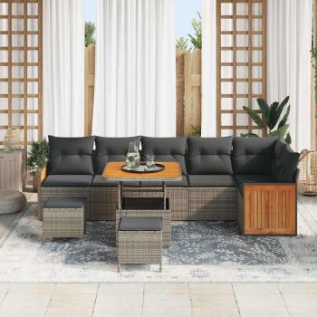 9-teiliges Garten-Sofa-Set mit Kissen Grau Poly-Rattan Akazie, 2-Sitzer Garten-Sofa mit Kissen Grau Poly-Rattan, 3-teiliges Garten-Ess-Set mit Kissen Grau Poly-Rattan Akazie