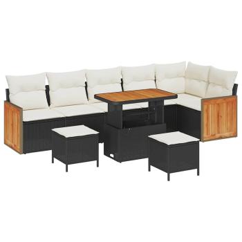 9-teiliges Garten-Sofa-Set mit Kissen Schwarz Poly Rattan Akazie, 2-Sitzer Garten-Sofa mit Kissen Schwarz Poly Rattan, 3-teiliges Garten-Ess-Set mit Kissen Schwarz Poly Rattan Akazie