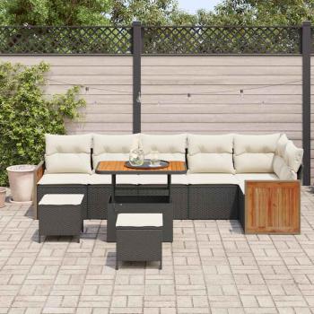 9-teiliges Garten-Sofa-Set mit Kissen Schwarz Poly Rattan Akazie, 2-Sitzer Garten-Sofa mit Kissen Schwarz Poly Rattan, 3-teiliges Garten-Ess-Set mit Kissen Schwarz Poly Rattan Akazie