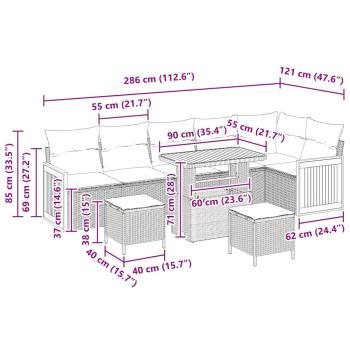 9-teiliges Garten Sofa Set mit Kissen Beige Poly Rattan Akazie, 2-Sitzer Garten Sofa mit Kissen Beige Poly Rattan, 3-teiliges Gartentisch Set mit Kissen Beige Poly Rattan Akazie