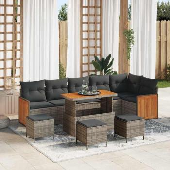 ARDEBO.de - 10-teiliges Garten Sofa Set mit Kissen Grau Poly Rattan Akazie, 2-Sitzer Garten Sofa mit Kissen Grau Poly Rattan, 4-teiliges Garten Ess-Set mit Kissen Grau Poly Rattan Akazie