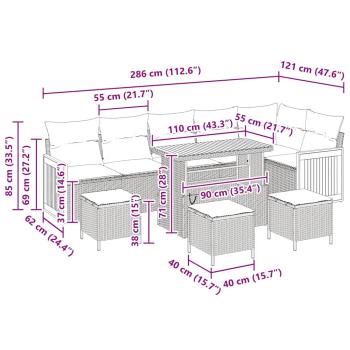 10-teiliges Garten Sofa Set mit Kissen Grau Poly Rattan Akazie, 2-Sitzer Garten Sofa mit Kissen Grau Poly Rattan, 4-teiliges Garten Ess-Set mit Kissen Grau Poly Rattan Akazie