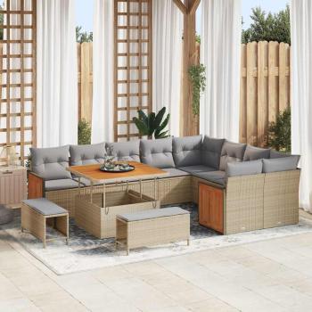 ARDEBO.de - 12-teiliges Garten Sofaset mit Kissen Beige Poly Rattan Akazie, 3-teiliges Garten Essset mit Kissen Beige Poly Rattan Akazie, 2-Sitzer Garten Sofa mit Kissen Beige Poly Rattan
