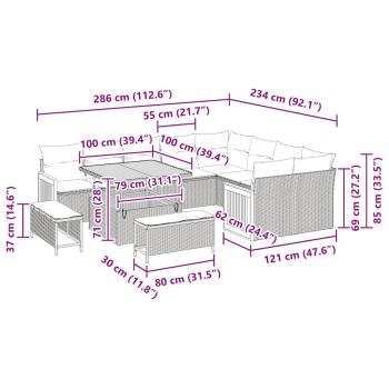 12-teiliges Garten Sofaset mit Kissen Beige Poly Rattan Akazie, 3-teiliges Garten Essset mit Kissen Beige Poly Rattan Akazie, 2-Sitzer Garten Sofa mit Kissen Beige Poly Rattan