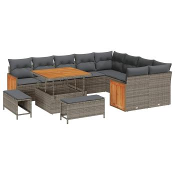 12-teiliges Garten-Sofa-Set mit Kissen Grau Poly Rattan Akazie, 3-teiliges Garten-Ess-Set mit Kissen Grau Poly Rattan Akazie, 2-Sitzer Garten-Sofa mit Kissen Grau Poly-Rattan
