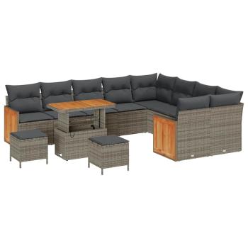 12-Teiliges Garten Sofa Set mit Kissen Grau Poly Rattan Akazie, 3-Teiliges Garten Esszimmer Set mit Kissen Grau Poly Rattan Akazie, 2-Sitzer Garten Sofa mit Kissen Grau Poly Rattan