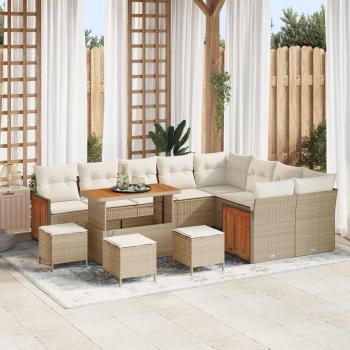 ARDEBO.de - 13-teiliges Garten Sofa-Set mit Kissen Beige Poly Rattan Akazie, 4-teiliges Garten Essenset mit Kissen Beige Poly Rattan Akazie, 2-Sitzer Garten Sofa mit Kissen Beige Poly Rattan