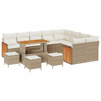 13-teiliges Garten Sofa-Set mit Kissen Beige Poly Rattan Akazie, 4-teiliges Garten Essenset mit Kissen Beige Poly Rattan Akazie, 2-Sitzer Garten Sofa mit Kissen Beige Poly Rattan
