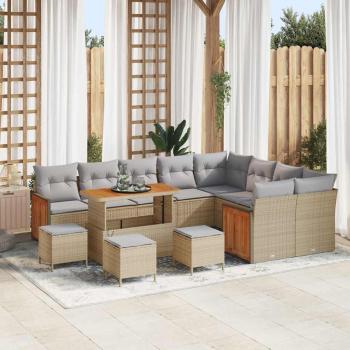 ARDEBO.de - 13-teiliges Garten-Sofa-Set mit Kissen Beige Poly-Rattan Akazie, 4-teiliges Garten-Dining-Set mit Kissen Beige Poly-Rattan Akazie, 2-Sitzer Garten-Sofa mit Kissen Beige Poly-Rattan