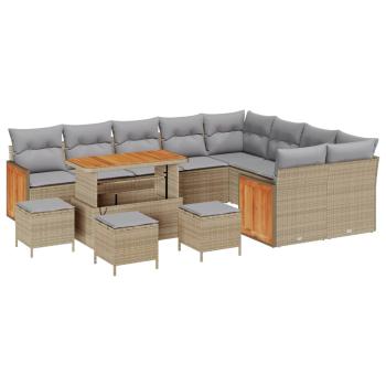 13-teiliges Garten-Sofa-Set mit Kissen Beige Poly-Rattan Akazie, 4-teiliges Garten-Dining-Set mit Kissen Beige Poly-Rattan Akazie, 2-Sitzer Garten-Sofa mit Kissen Beige Poly-Rattan