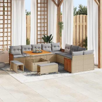 ARDEBO.de - 13-teiliges Garten Sofa Set mit Kissen Beige Poly Rattan Akazie, 2-Sitzer Garten Sofa mit Kissen Beige Poly Rattan, 3-teiliges Garten Essenset mit Kissen Beige Poly Rattan Akazie
