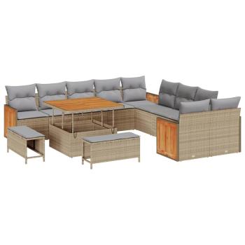 13-teiliges Garten Sofa Set mit Kissen Beige Poly Rattan Akazie, 2-Sitzer Garten Sofa mit Kissen Beige Poly Rattan, 3-teiliges Garten Essenset mit Kissen Beige Poly Rattan Akazie