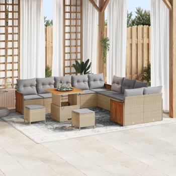 ARDEBO.de - 13-teiliges Garten Sofa Set mit Kissen Beige Poly Rattan Akazie, 2-Sitzer Garten Sofa mit Kissen Beige Poly Rattan, 3-teiliges Garten Esstisch Set mit Kissen Beige Poly Rattan Akazie