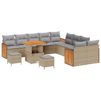 13-teiliges Garten Sofa Set mit Kissen Beige Poly Rattan Akazie, 2-Sitzer Garten Sofa mit Kissen Beige Poly Rattan, 3-teiliges Garten Esstisch Set mit Kissen Beige Poly Rattan Akazie