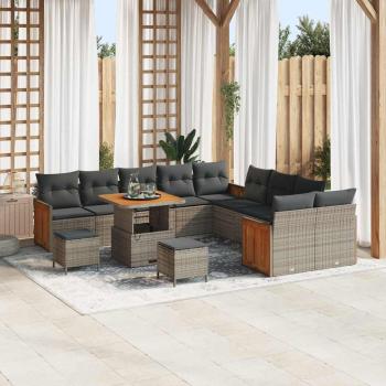 ARDEBO.de - 13-teiliges Garten-Sofa-Set mit Kissen Grau Poly Rattan Akazie, 2-Sitzer Garten-Sofa mit Kissen Grau Poly Rattan, 3-teiliges Garten-Ess-Set mit Kissen Grau Poly Rattan Akazie