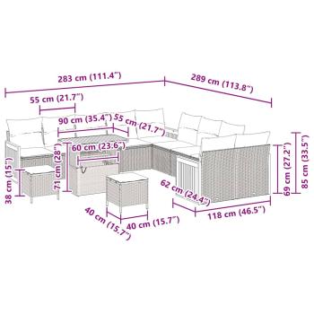 13-teiliges Garten-Sofa-Set mit Kissen Grau Poly-Rattan Akazie, 2-Sitzer Garten-Sofa mit Kissen Grau Poly-Rattan, 3-teilige Garten-Essgruppe mit Kissen Grau Poly-Rattan Akazie