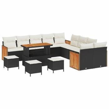 Garten-Sofa-Set 14-teilig mit Kissen Schwarz Poly-Rattan Akazie, 2-Sitzer Garten-Sofa mit Kissen Schwarz Poly-Rattan, Garten-Dining-Set 4-teilig mit Kissen Schwarz Poly-Rattan Akazie