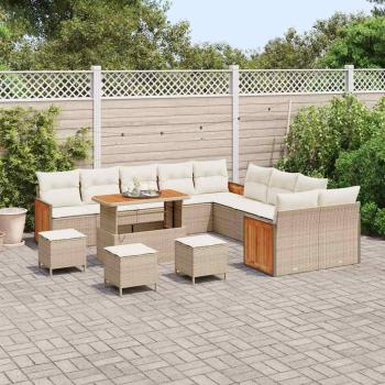14-teiliges Garten Sofa Set mit Kissen Beige Poly Rattan Akazie, 2-Sitzer Garten Sofa mit Kissen Beige Poly Rattan, 4-teiliges Garten Esstisch Set mit Kissen Beige Poly Rattan Akazie