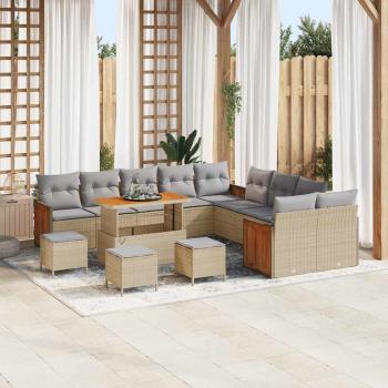 ARDEBO.de - 14-teiliges Garten-Sofa-Set mit Kissen Beige Poly-Rattan Akazie, 2-Sitzer Garten-Sofa mit Kissen Beige Poly-Rattan, 4-teiliges Garten-Dining-Set mit Kissen Beige Poly-Rattan Akazie