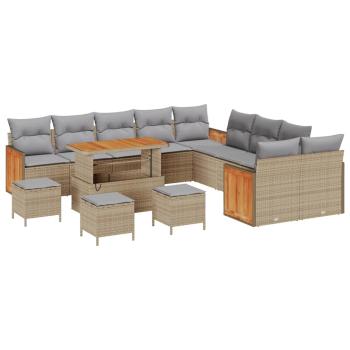 14-teiliges Garten-Sofa-Set mit Kissen Beige Poly-Rattan Akazie, 2-Sitzer Garten-Sofa mit Kissen Beige Poly-Rattan, 4-teiliges Garten-Dining-Set mit Kissen Beige Poly-Rattan Akazie
