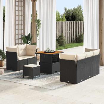 ARDEBO.de - 8-teiliges Garten-Sofaset mit Kissen Schwarz Poly Rattan Akazie, 3-teiliges Garten-Dining-Set mit Kissen Schwarz Poly Rattan Akazie
