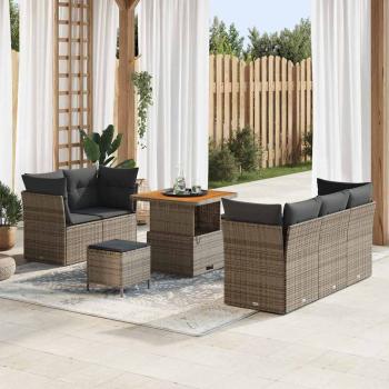 ARDEBO.de - 8-teiliges Garten Sofa Set mit Kissen Grau Poly Rattan Akazie, 3-teiliges Garten Essset mit Kissen Grau Poly Rattan Akazie