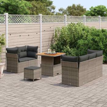 8-teiliges Garten Sofa Set mit Kissen Grau Poly Rattan Akazie, 3-teiliges Garten Essset mit Kissen Grau Poly Rattan Akazie