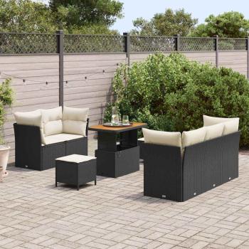 8-teiliges Garten-Sofaset mit Kissen Schwarz Poly-Rattan Akazie, 3-teiliges Garten-Essenset mit Kissen Schwarz Poly-Rattan Akazie